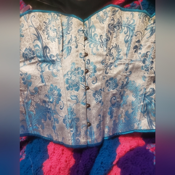 White and Blue Shiney Over Bust Lace Up Corset - Picture 7 of 13